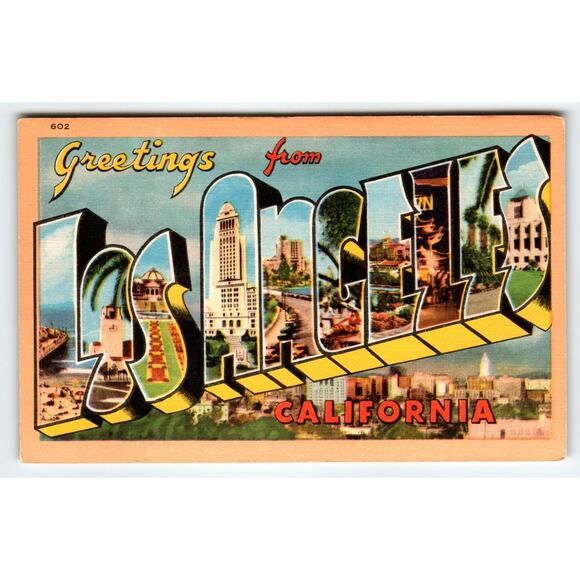 Greetings from Los Angeles California Large Big Letter Linen Postcard Longshaw - Picture 1 of 2